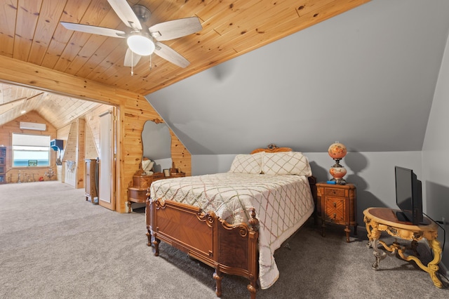 carpeted bedroom with wooden ceiling, wood walls, ceiling fan, and vaulted ceiling