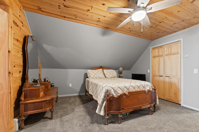 carpeted bedroom featuring ceiling fan, wood ceiling, a closet, and lofted ceiling