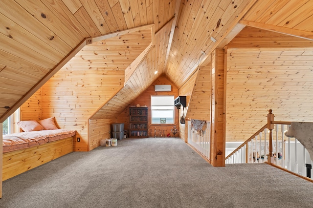 additional living space with lofted ceiling, carpet floors, wood walls, and wood ceiling