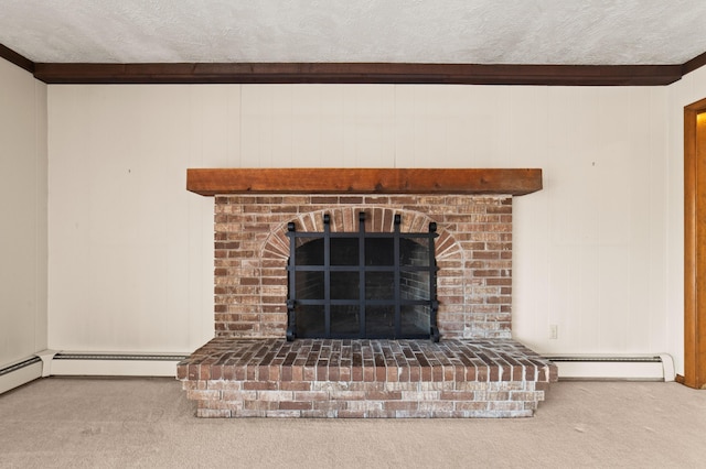 details featuring a baseboard radiator, a brick fireplace, carpet floors, a textured ceiling, and wooden walls