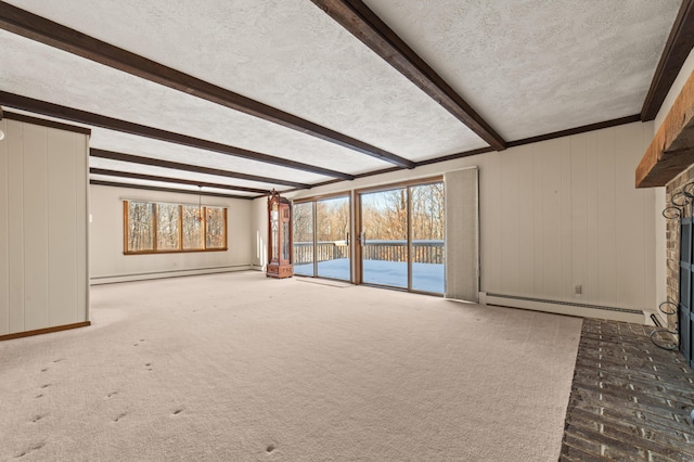 unfurnished living room featuring a brick fireplace, beam ceiling, a textured ceiling, and a baseboard heating unit