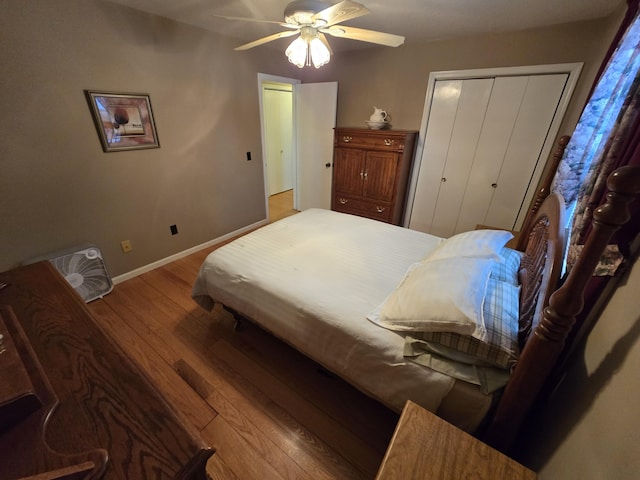 bedroom featuring a closet, ceiling fan, and hardwood / wood-style floors