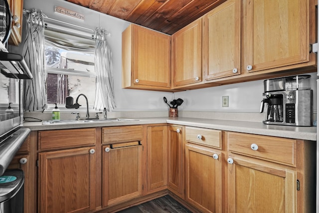 kitchen with wood ceiling, dark hardwood / wood-style floors, and sink