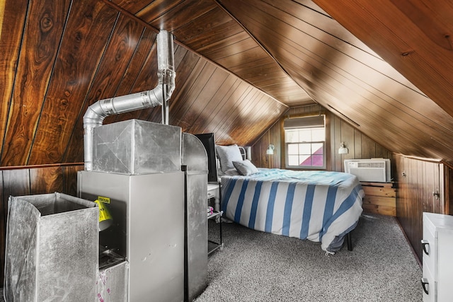 unfurnished bedroom featuring wood ceiling, wooden walls, carpet, vaulted ceiling, and an AC wall unit