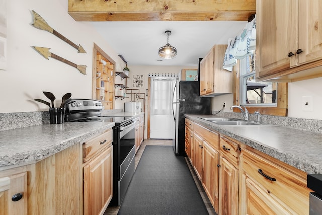 kitchen with stainless steel appliances, light brown cabinets, sink, pendant lighting, and beamed ceiling