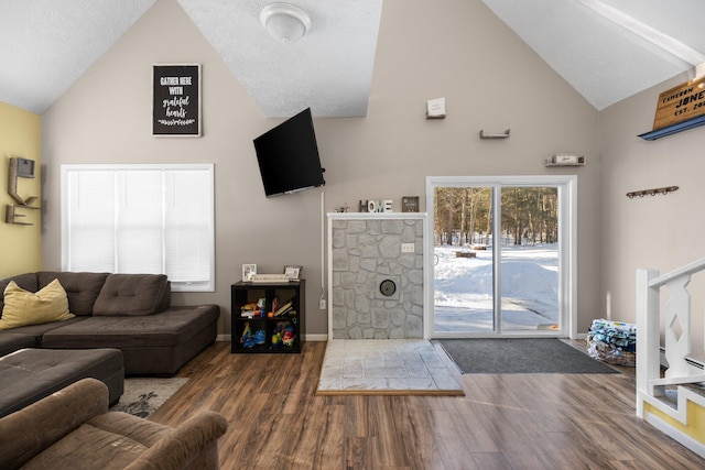 living room featuring hardwood / wood-style floors and high vaulted ceiling