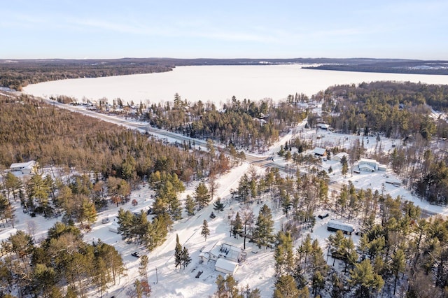 snowy aerial view with a water view