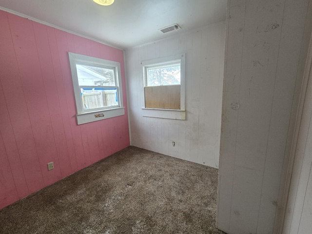 carpeted spare room featuring wood walls and ornamental molding