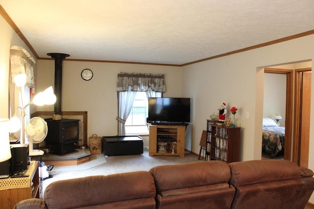 carpeted living room with a wood stove and crown molding