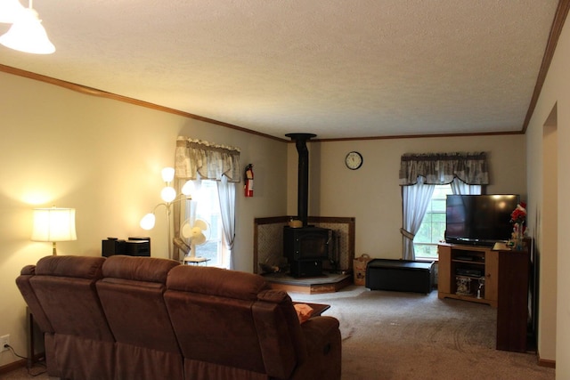 living room with carpet flooring, a wood stove, and a textured ceiling