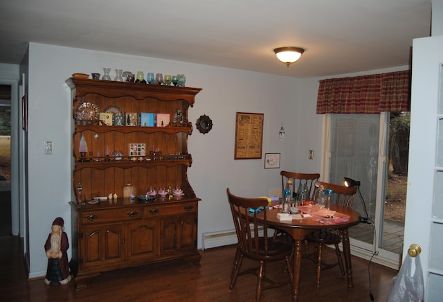 dining area with dark wood-type flooring and a baseboard radiator