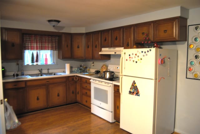 kitchen featuring white appliances, dark hardwood / wood-style floors, and sink