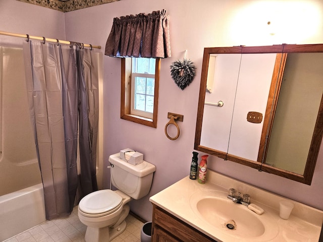 full bathroom with toilet, vanity, and shower / bath combination with curtain