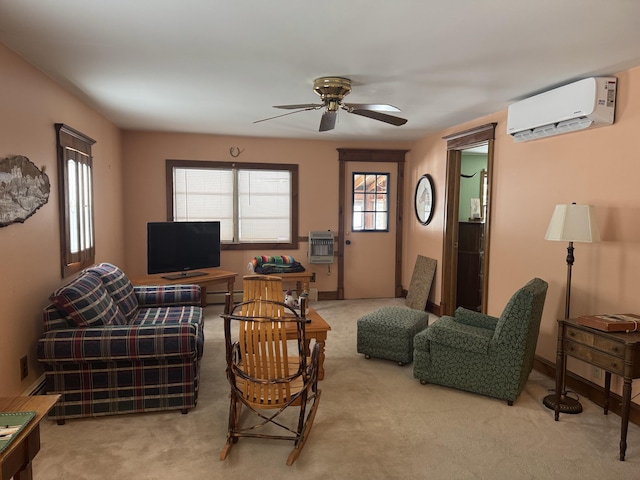 carpeted living room with heating unit, an AC wall unit, ceiling fan, and a baseboard radiator