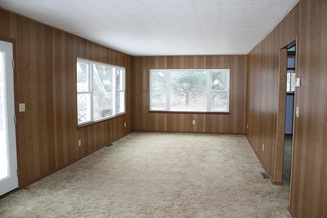 carpeted empty room with wood walls