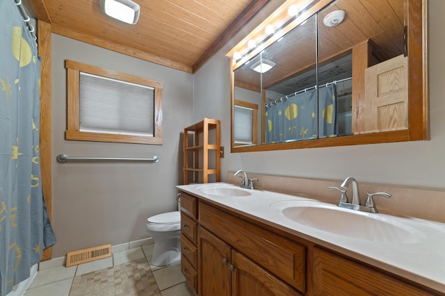 bathroom featuring vanity, wooden ceiling, tile patterned flooring, toilet, and ornamental molding