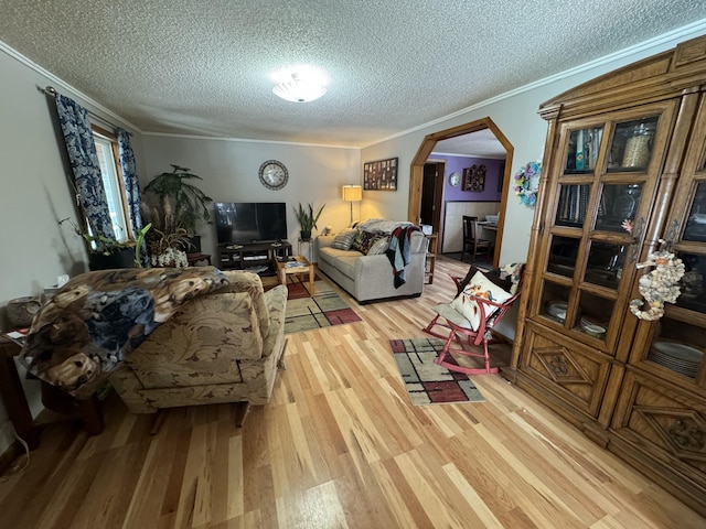 living room with a textured ceiling, ornamental molding, and light hardwood / wood-style flooring