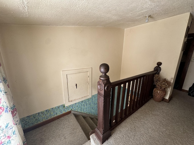 stairway with a textured ceiling and carpet