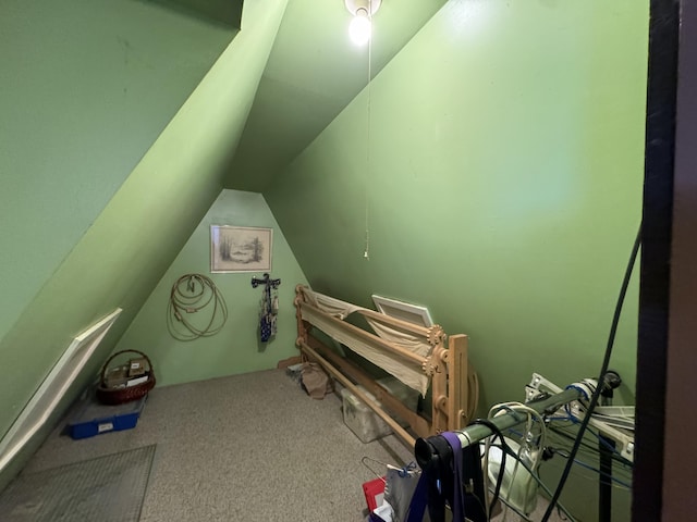 interior space with lofted ceiling and carpet flooring