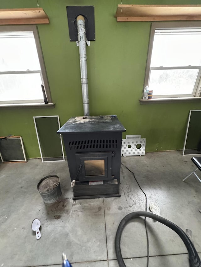 room details featuring a wood stove