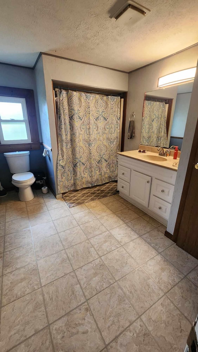 bathroom with toilet, vanity, and a textured ceiling