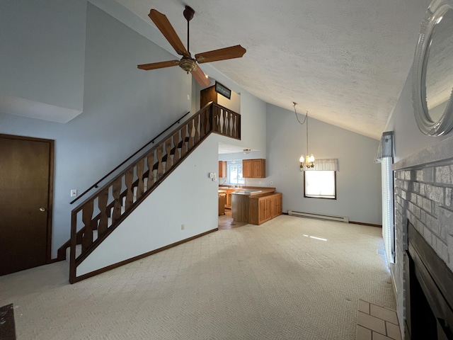 unfurnished living room featuring a baseboard heating unit, a brick fireplace, high vaulted ceiling, a textured ceiling, and light carpet