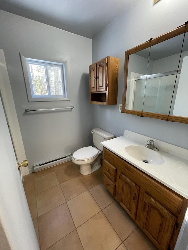 bathroom featuring baseboard heating, an enclosed shower, tile patterned flooring, vanity, and toilet