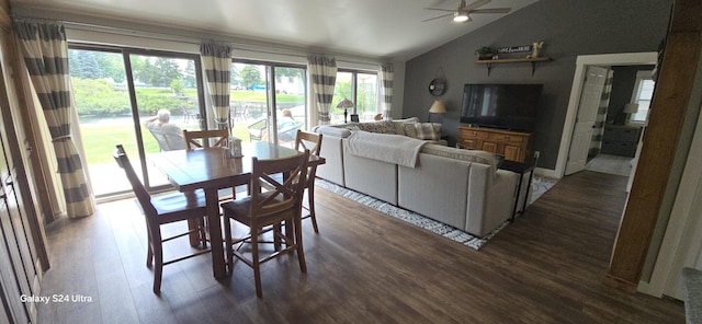 dining area with lofted ceiling, dark wood-type flooring, and ceiling fan