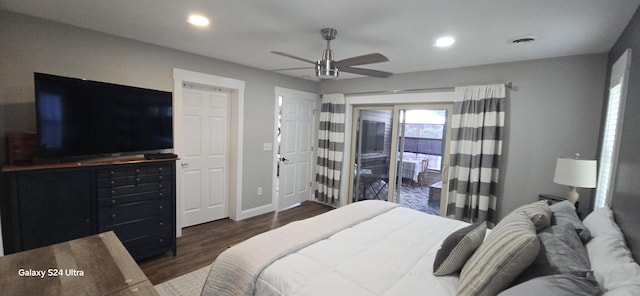 bedroom featuring access to outside, dark wood-type flooring, and ceiling fan