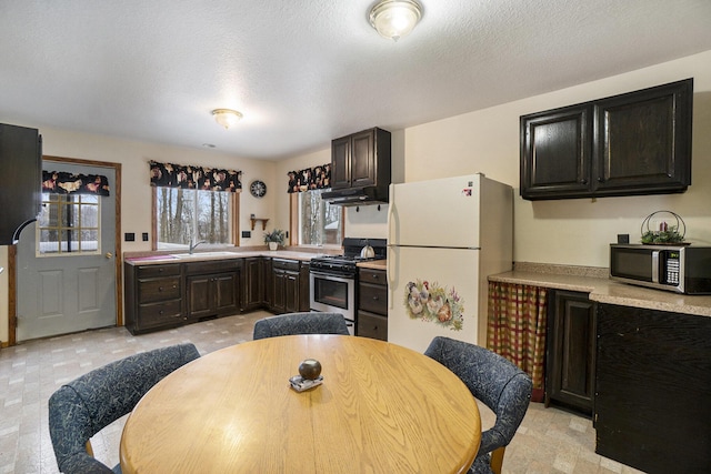 kitchen with stainless steel appliances, a textured ceiling, dark brown cabinetry, and sink