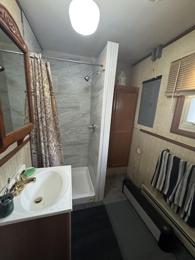 bathroom featuring vanity, electric panel, and walk in shower