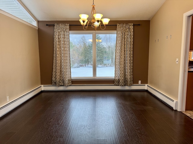 unfurnished dining area with wood-type flooring, a baseboard heating unit, and a chandelier