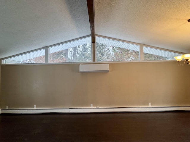 room details featuring a notable chandelier, beamed ceiling, a wall mounted air conditioner, a textured ceiling, and a baseboard radiator