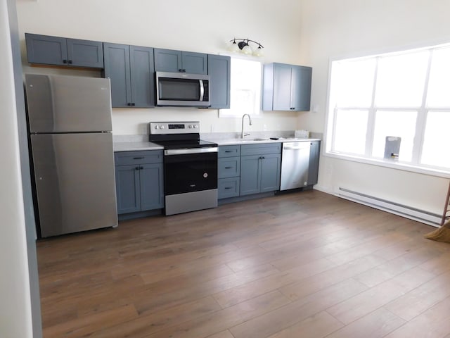 kitchen featuring a baseboard heating unit, dark hardwood / wood-style flooring, sink, stainless steel appliances, and blue cabinets