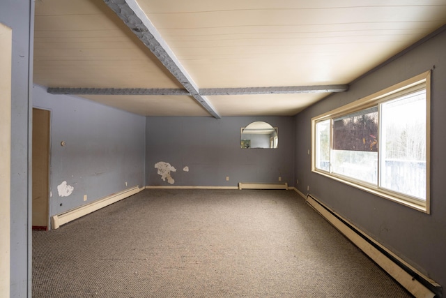 unfurnished room featuring a baseboard radiator, carpet flooring, and beam ceiling