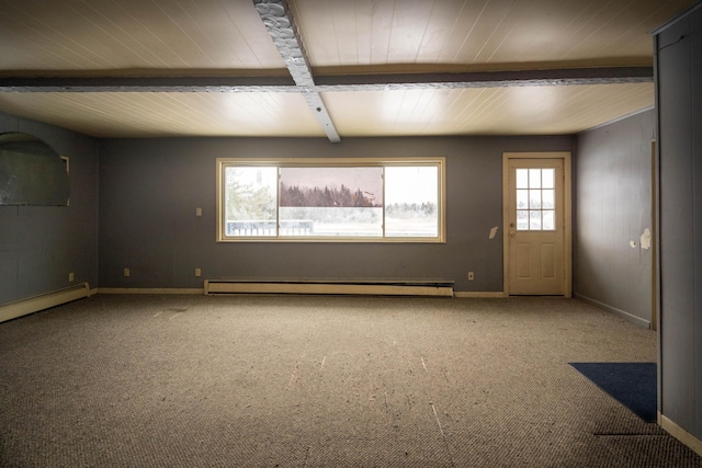 carpeted empty room with beam ceiling and baseboard heating