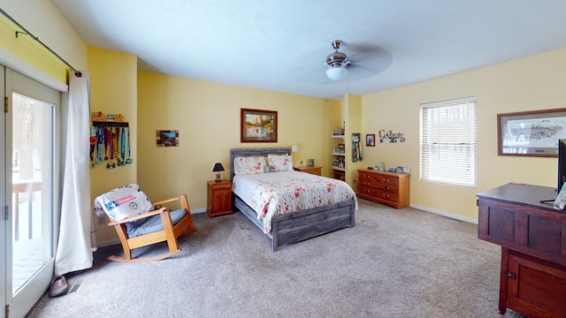 bedroom featuring ceiling fan and light colored carpet