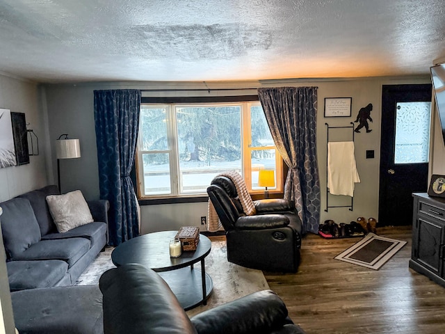 living room with hardwood / wood-style flooring and a textured ceiling