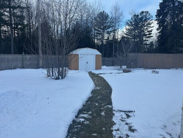 yard layered in snow with a shed