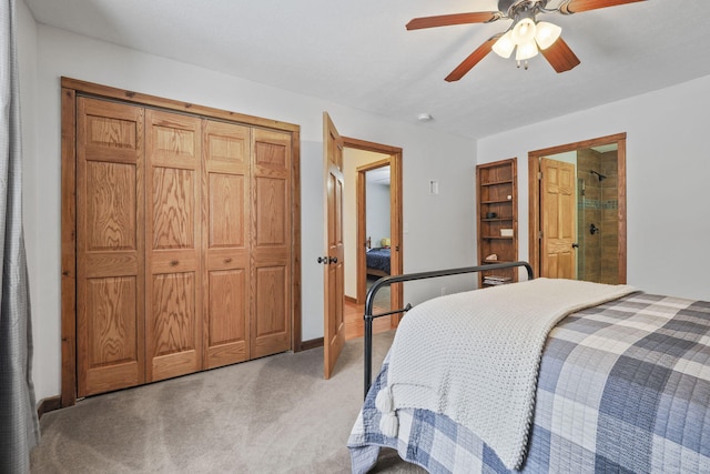 bedroom featuring carpet floors, a closet, and ceiling fan