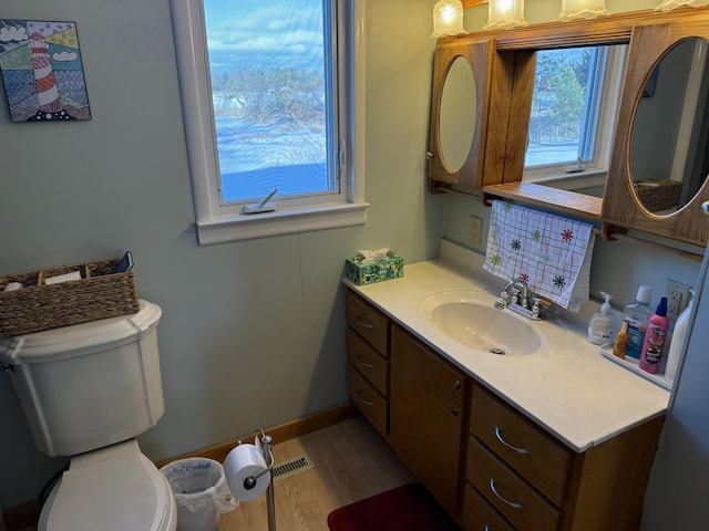 bathroom featuring hardwood / wood-style flooring, vanity, and toilet