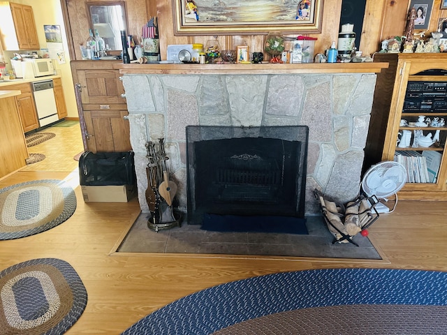 details featuring white appliances and a fireplace