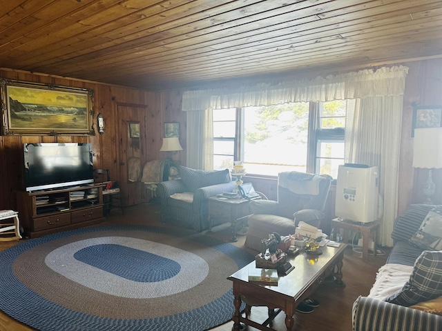 living room featuring wood ceiling and wood walls