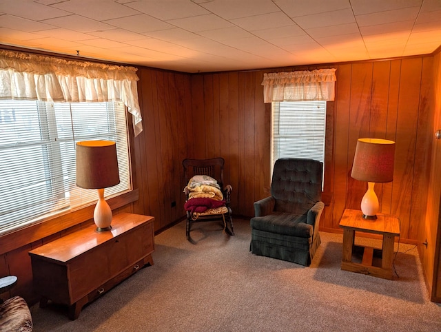 living area with plenty of natural light, carpet floors, and wooden walls