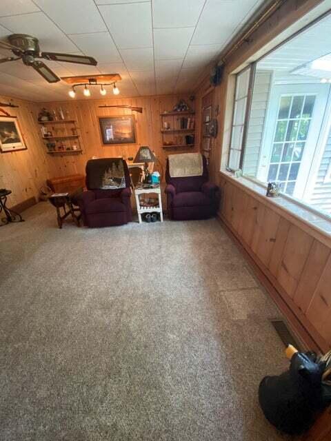 living room featuring ceiling fan, rail lighting, and carpet floors