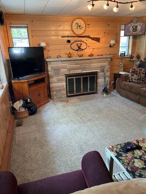 carpeted living room featuring a stone fireplace and wood walls