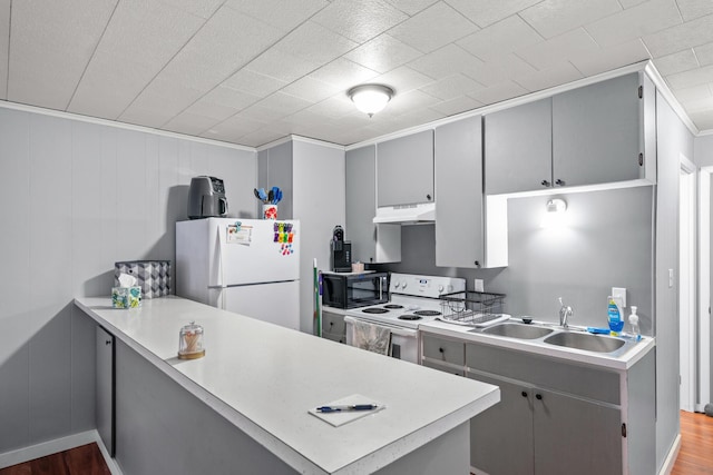 kitchen featuring sink, crown molding, white appliances, wood-type flooring, and kitchen peninsula