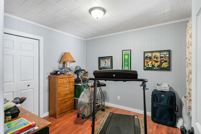 workout room featuring ornamental molding and hardwood / wood-style floors