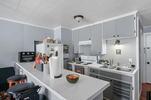 kitchen featuring crown molding, white appliances, sink, and gray cabinetry