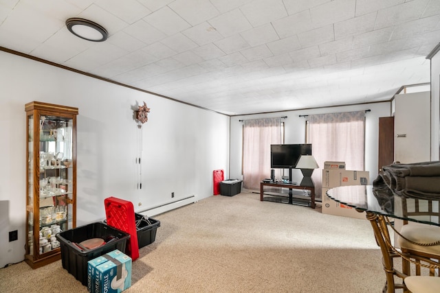 living room featuring carpet flooring, crown molding, and baseboard heating